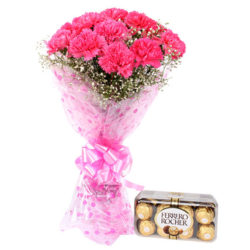 Bunch of 15 Pink Carnations with 300 grams Pack of Ferrero Rocher Chocolates