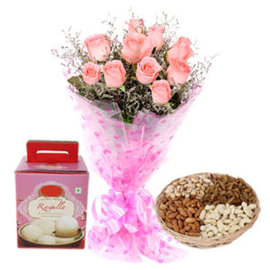 pink rose and Dry Fruits in a Basket and Rasgulla.